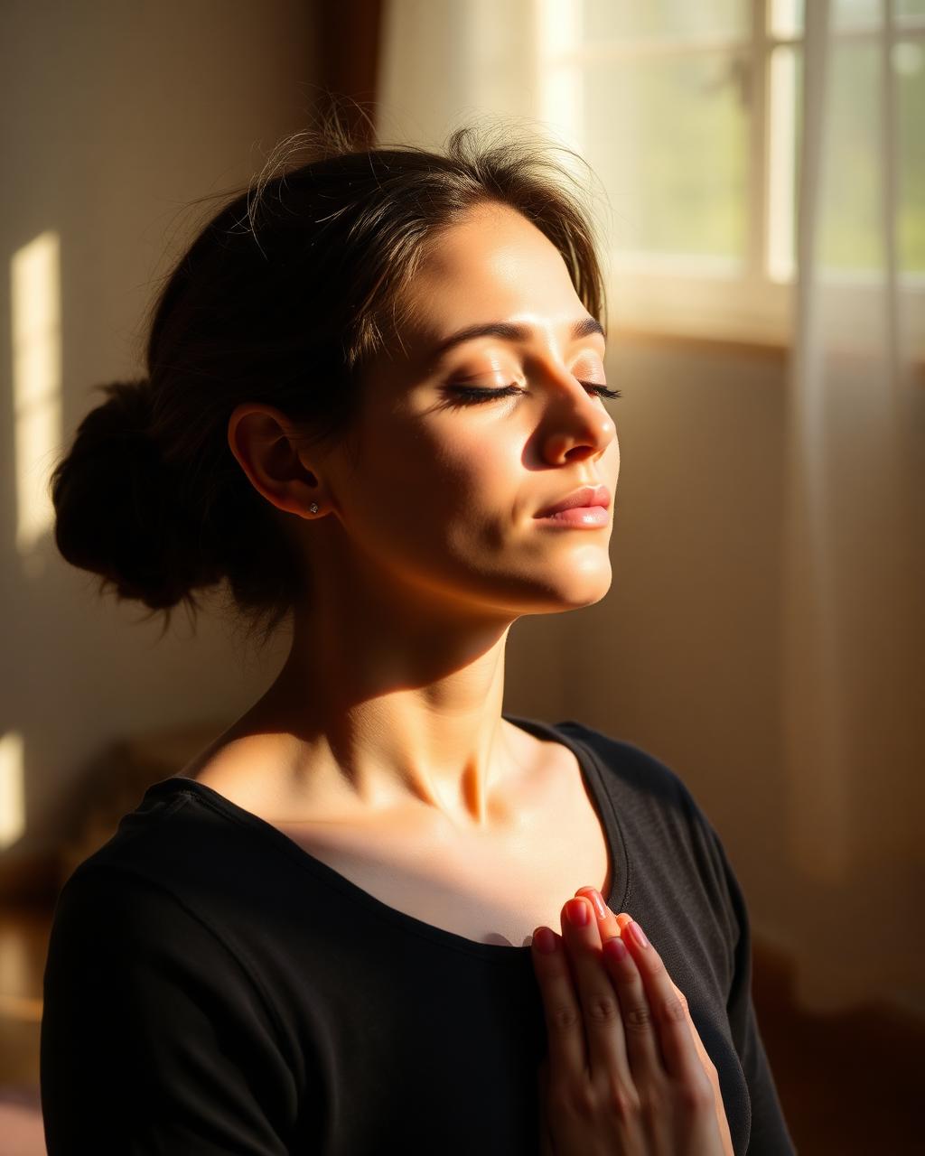 Person practicing breathwork in warm light