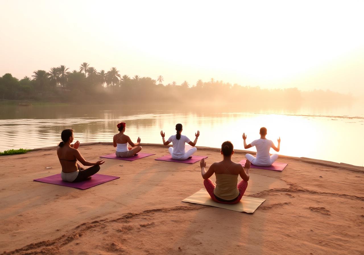 Group meditation by the river