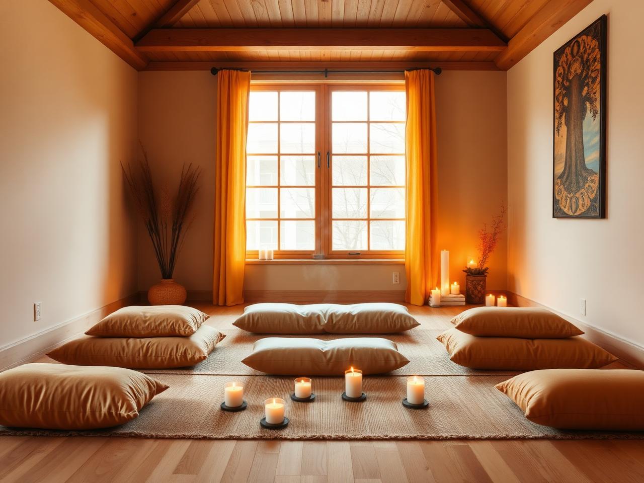 Warm meditation space with cushions and candles